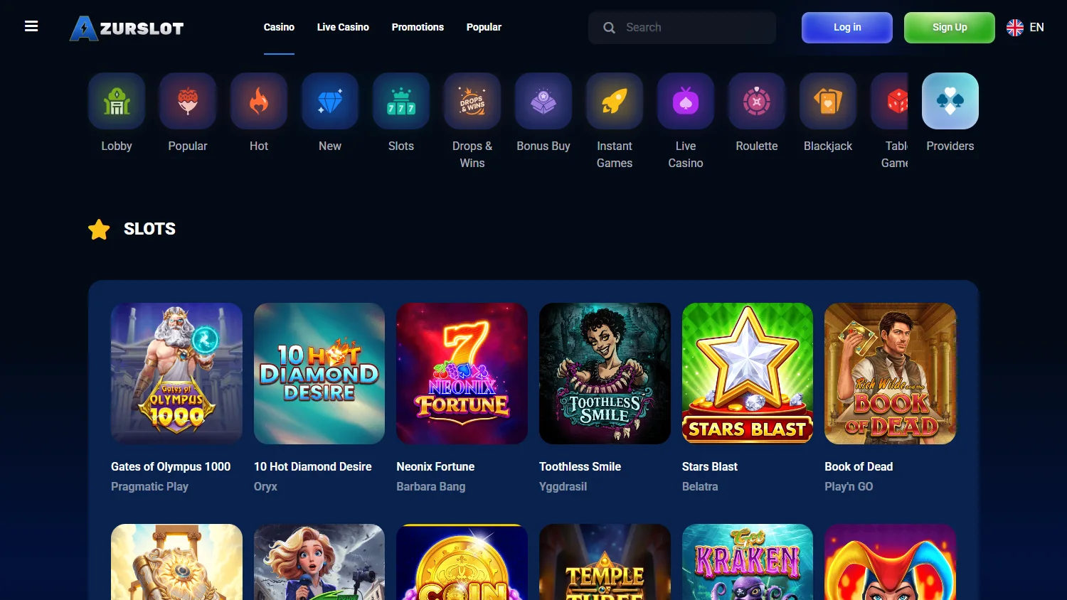Azurslot Casino casino game selection on desktop