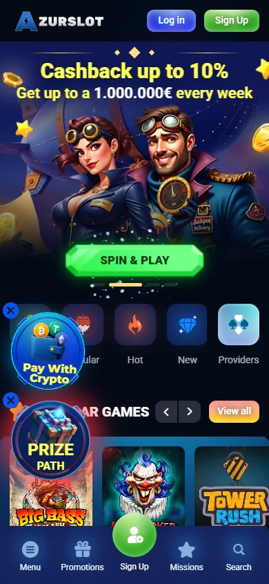 Azurslot Casino games area on a mobile device