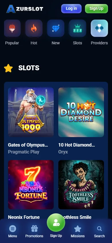 Azurslot Casino mobile casino game selection