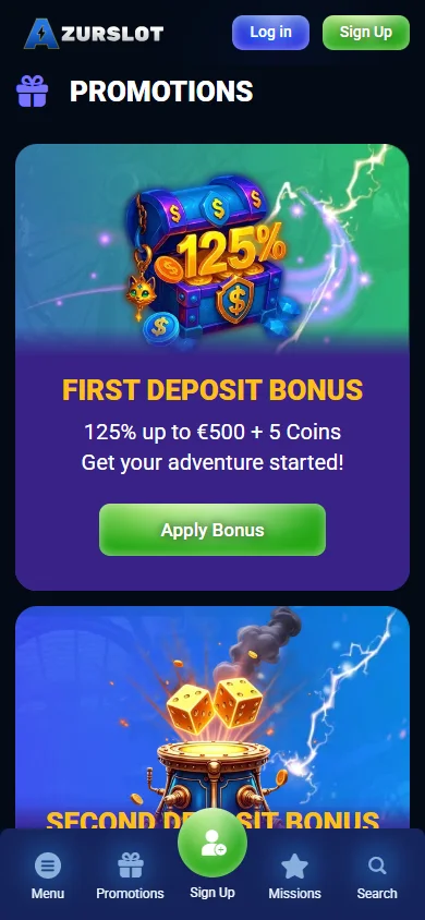 Azurslot Casino promotions area on a mobile device