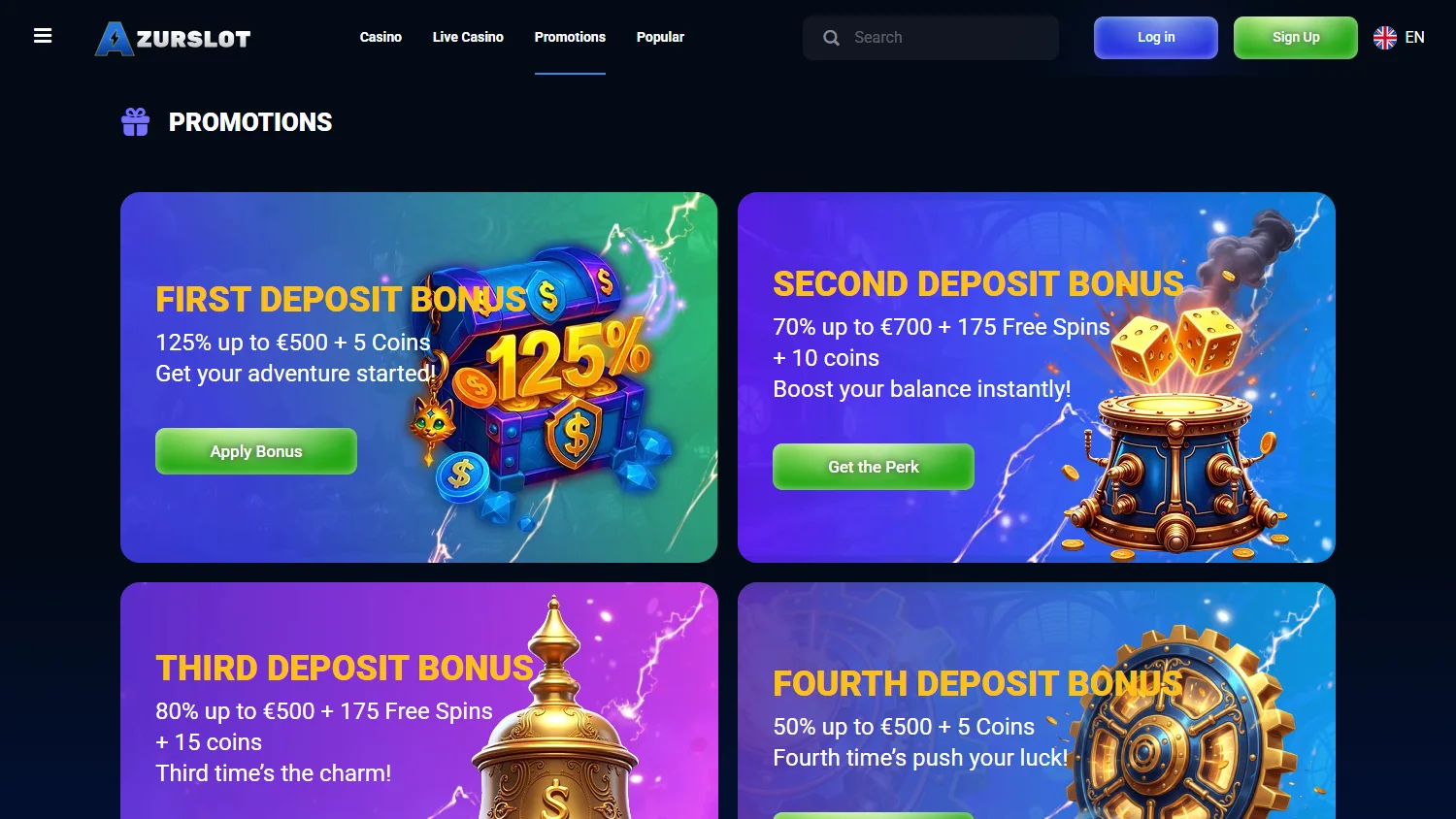 Azurslot Casino promotions area on desktop